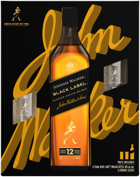 Johnnie Walker Black Blended Scotch Whisky with 2 Glasse