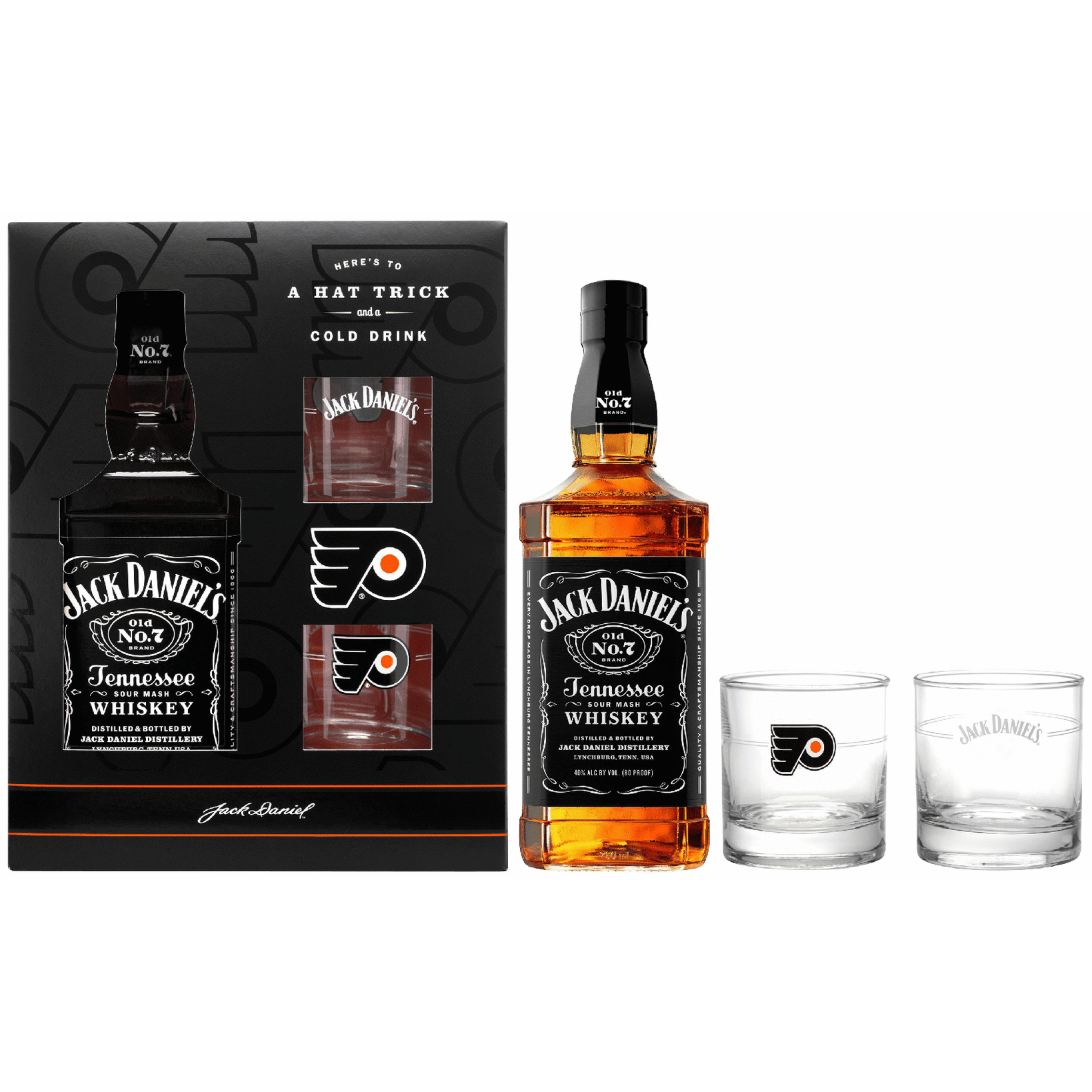 Jack Daniels Black with 2 Philadelphia Flyers Glasses Gift