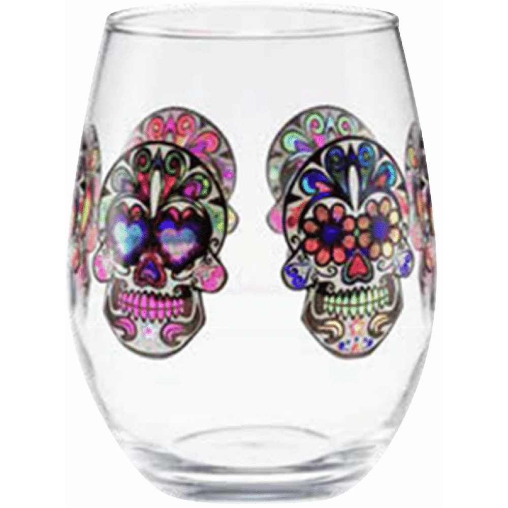 Culver Sugar Skull Calavera Skull 15-Ounce Stemless Wine Glass