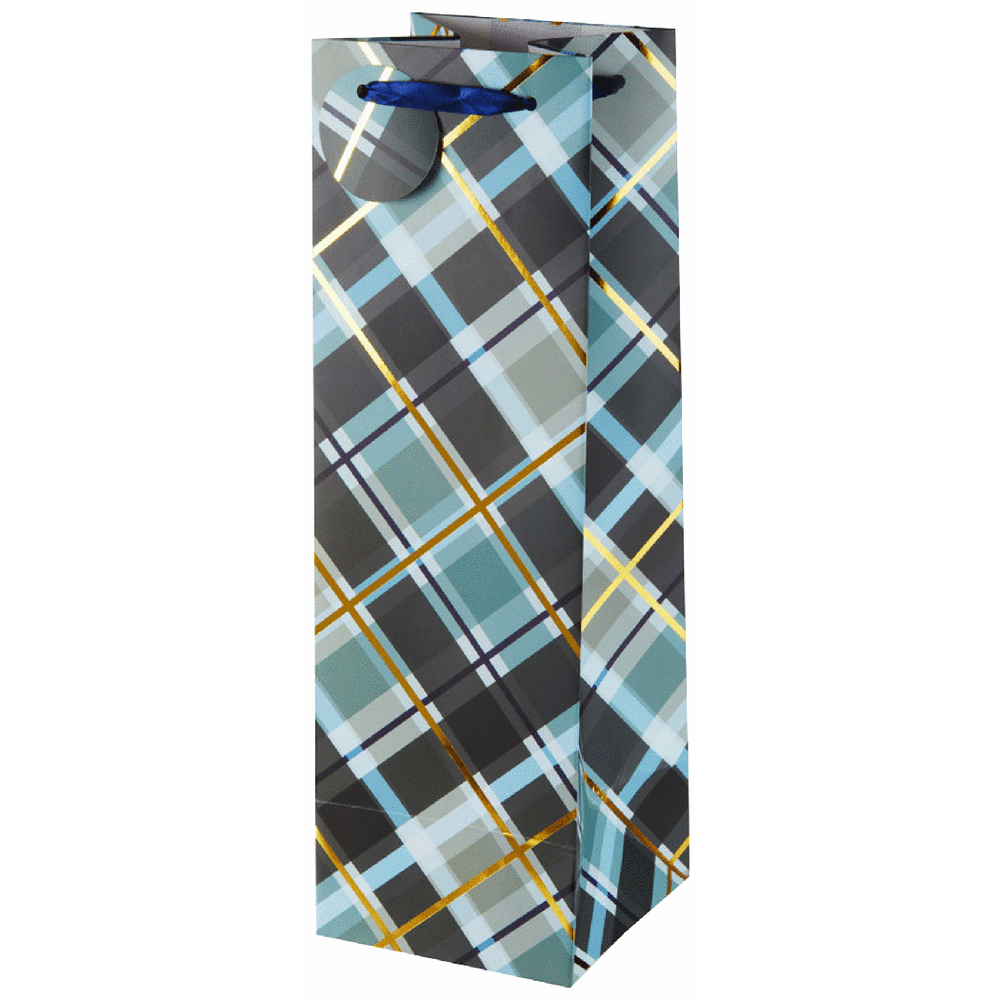 Gift Bag Tall Navy Plaid High Rise Liquor Bottle Bag