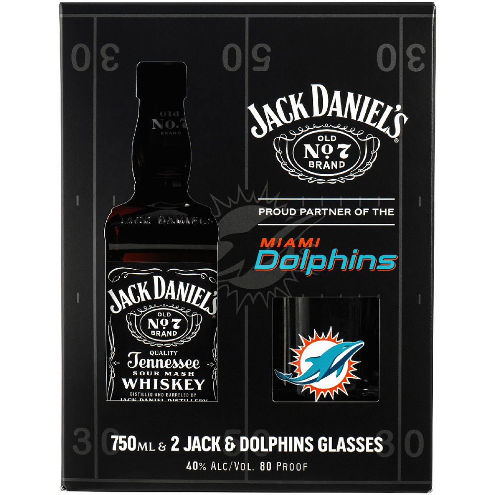 Jack Daniels Black with 2 Miami Dolphins Glasses