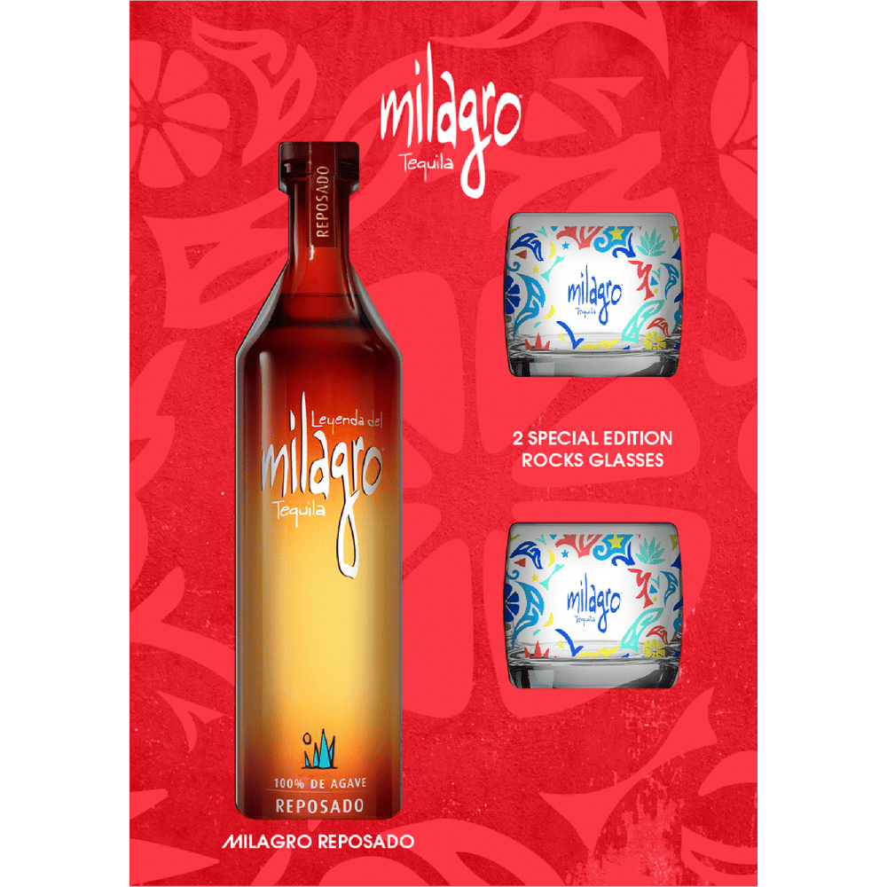 Milagro Reposado Tequila with 2 Special Edition Rocks Glasses