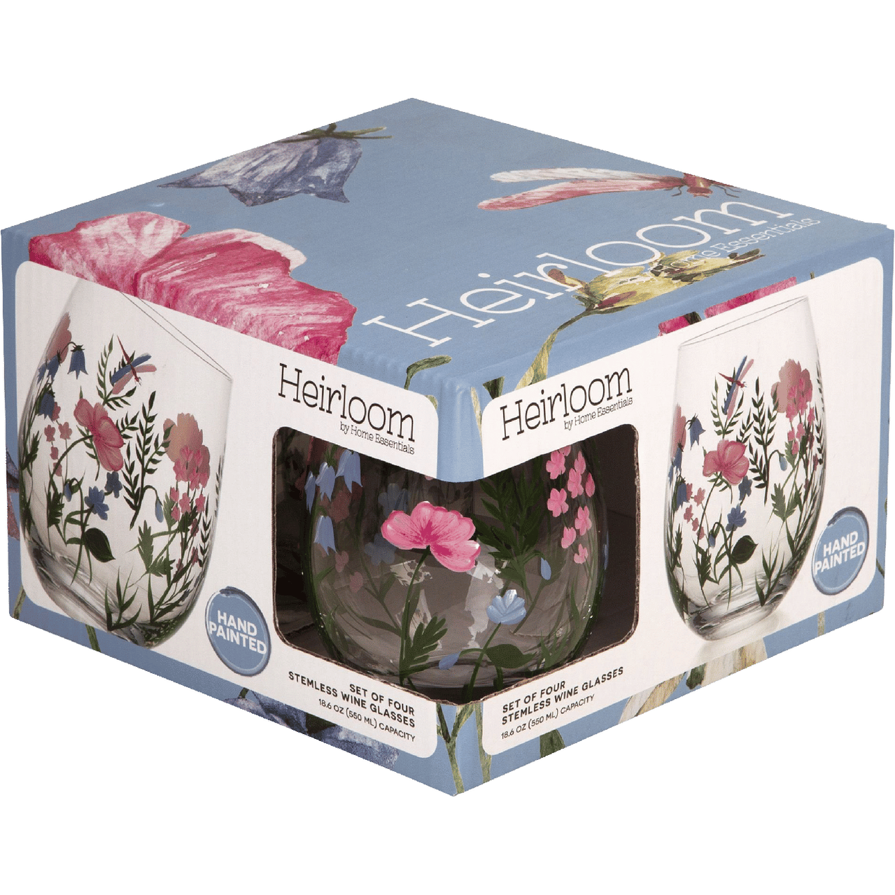 Heirloom Hand Painted Floral Stemless Wine Glasses Set of 4