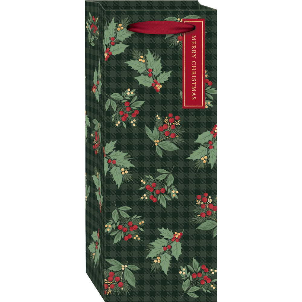 Single Bottle Gift Bag - Plaid With Holly