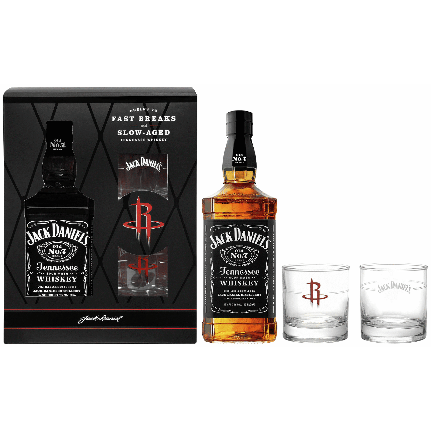 Jack Daniels Black with 2 Houston Rockets Glasses Gift