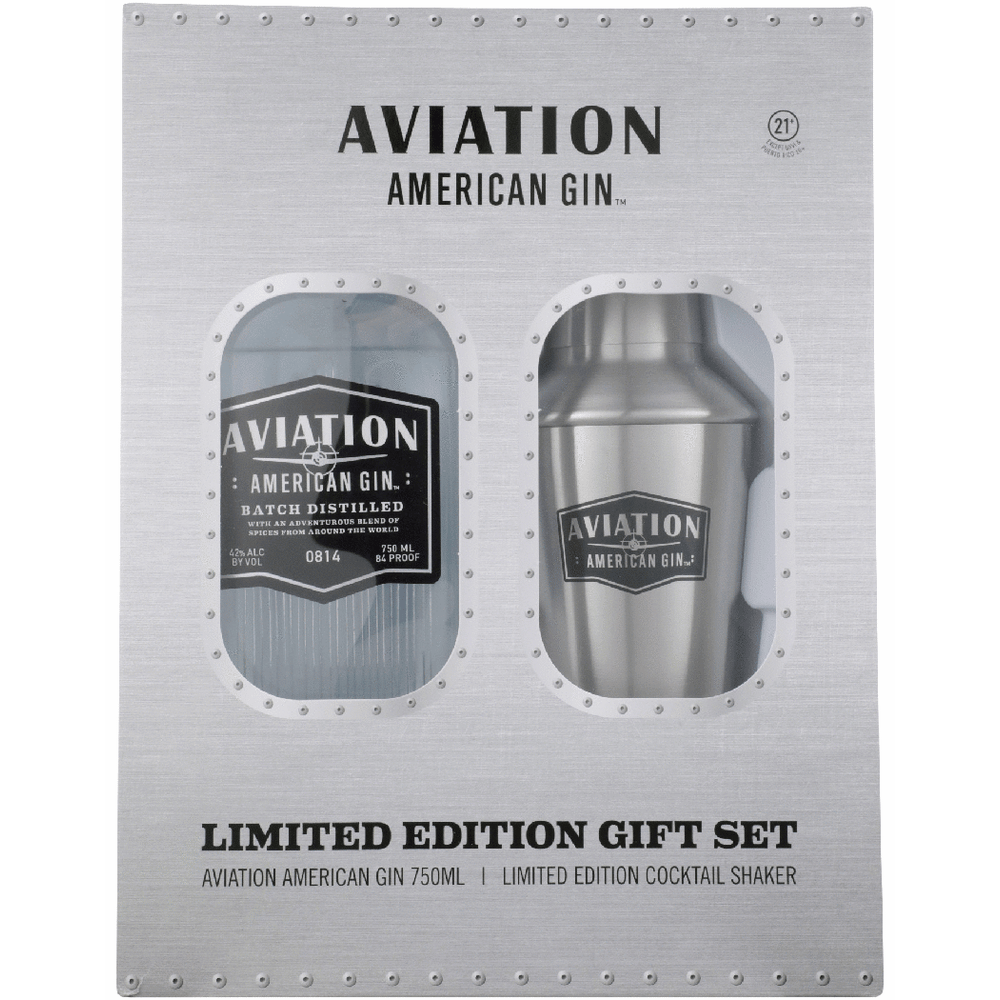 Aviation American Gin with cocktail shaker and two recipes Gift