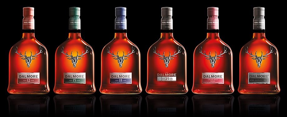 Bottles of The Dalmore 12 year, 15 year, 18 year, 25 year, Cigar Malt and King Alexander III whiskies