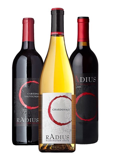 Bottles of Radius Cabernet Sauvignon, Chardonnay and Merlot