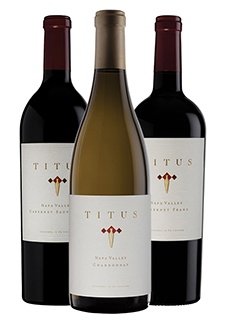 Bottles of Titus Chardonnay, Cabernet Sauvignon and Cabernet Franc