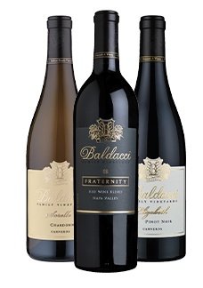 Bottles of Baldacci Chardonnay Sorelle, IV Sons Fraternity Napa and Pinot Noir Elizabeth