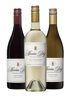 Bottles of Martin Ray Pinot Noir Sonoma County, Sauvignon Blanc Russian River Valley and Chardonnay Sonoma Coast
