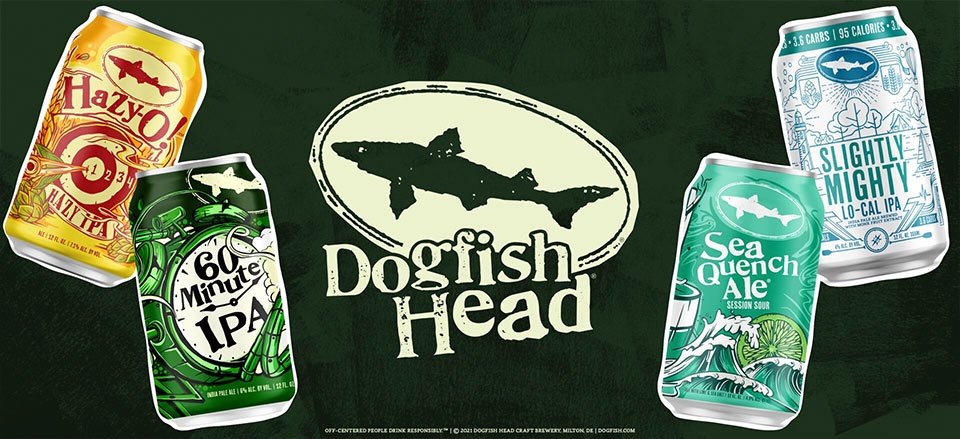 Cans of Dogfish Head Hazy-O! IPA, 60-minute IPA, Sea Quench Ale and Slightly Mighty Lo-cal IPA