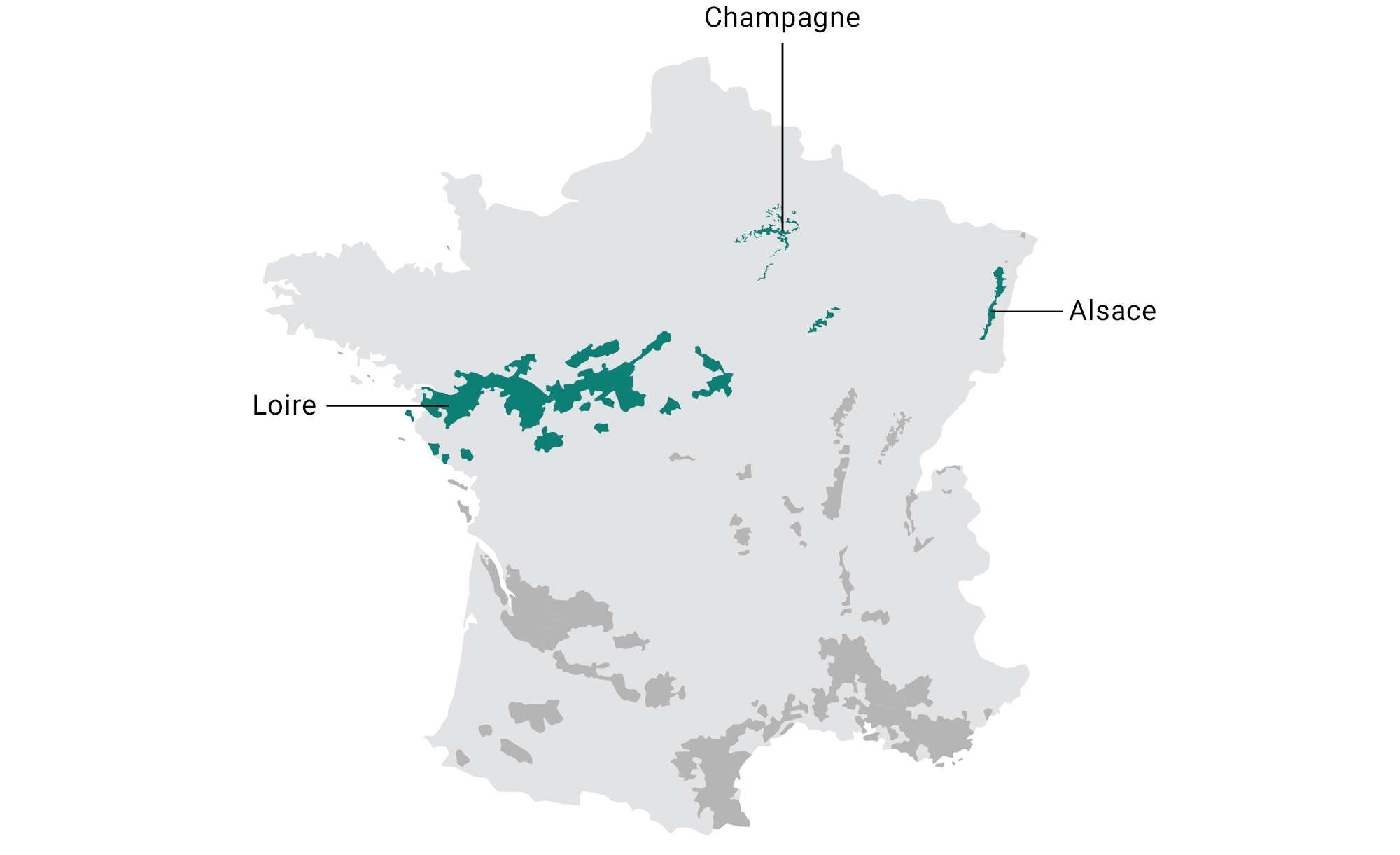 Map of French sparkling wine regions: Champagne, Alsace and Loire