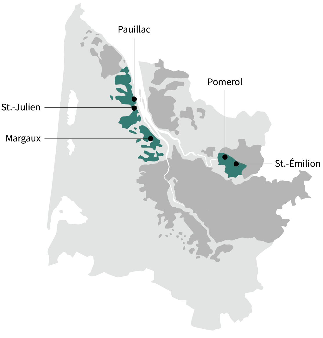 map of Bordeaux highlighting key appelations: Pauillac, Pomerok, St.-Émilion, Margaux and St.Julien