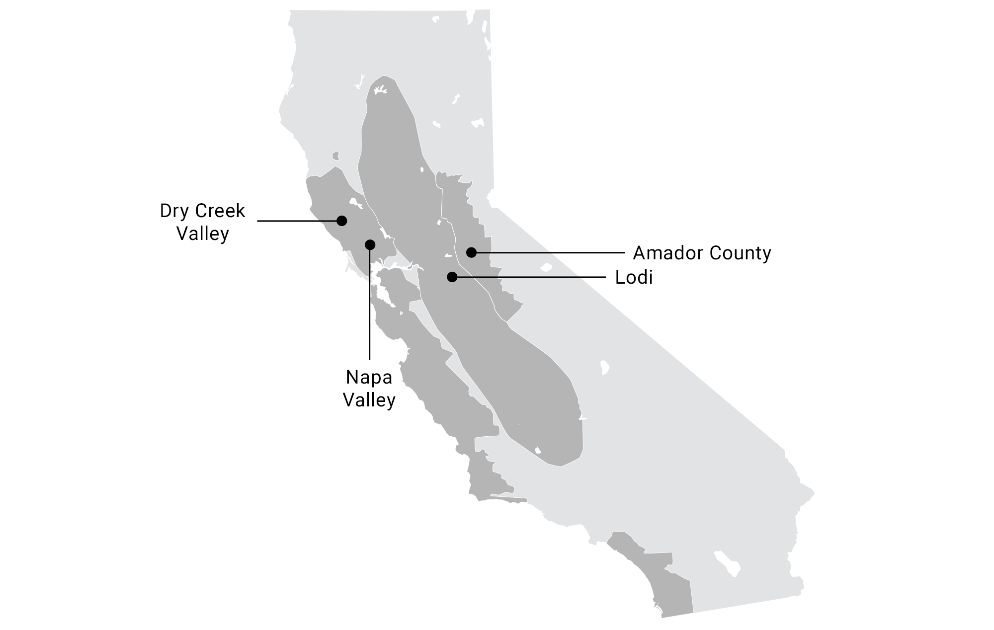Map of zinfandel winegrowing regions in California: Dry Creek Valley, Napa Valley, Lodi, Amador County