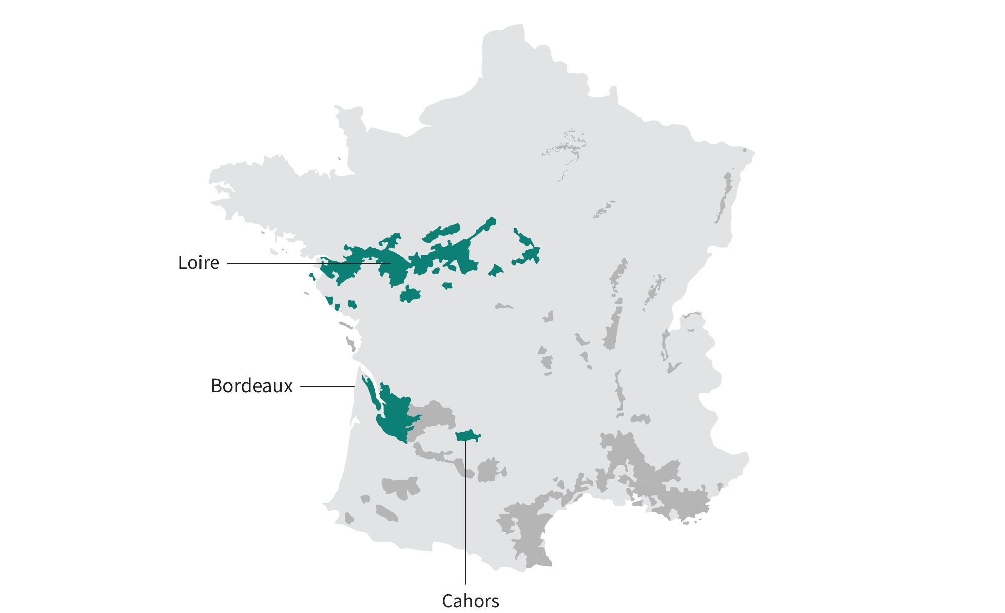 Map of malbec winegrowing regions in France: Loire, Bordeaux, and Cahors