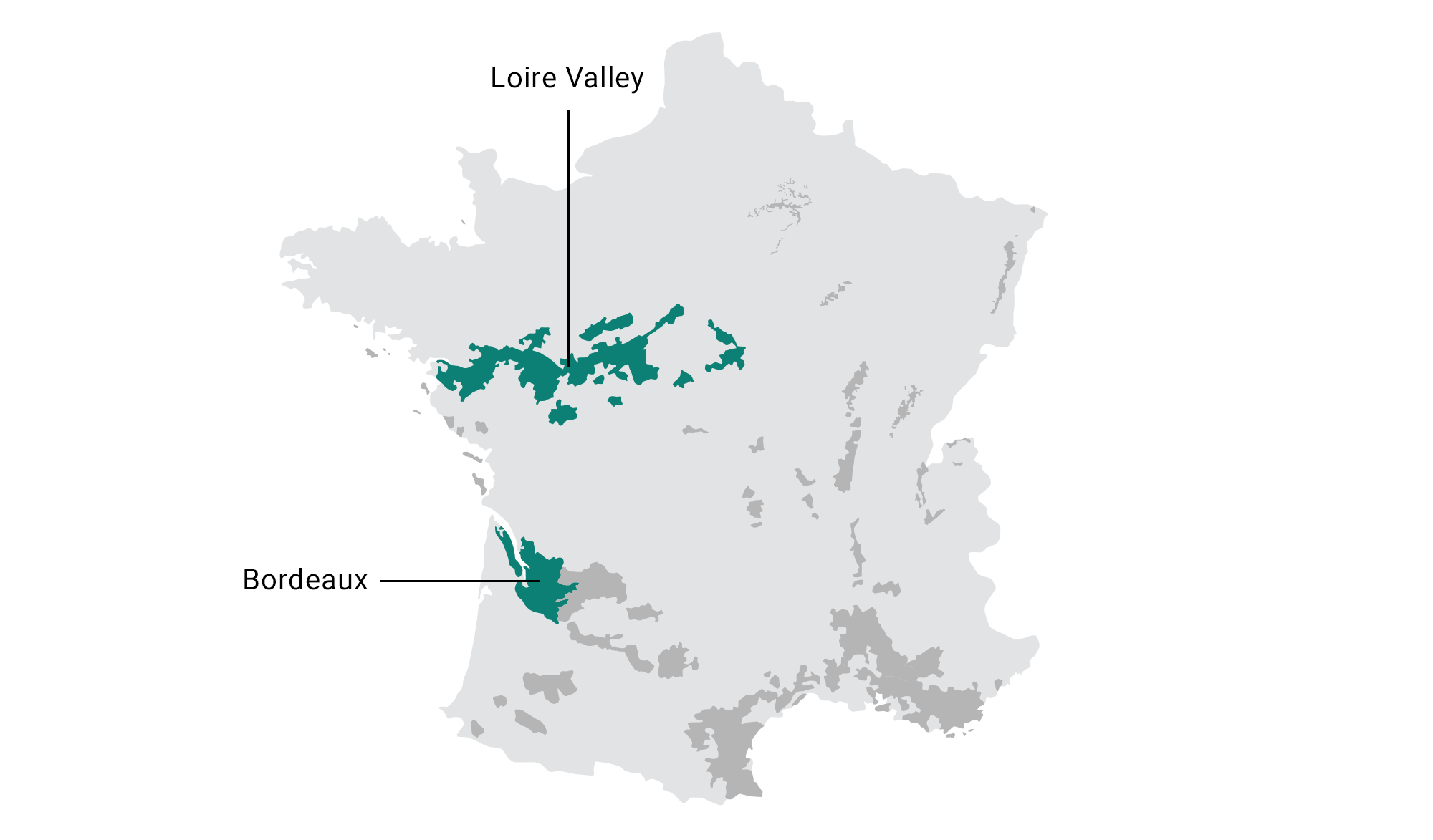 Map of sauvignon blanc winegrowing regions in France: Bordeaux and Loire Valley