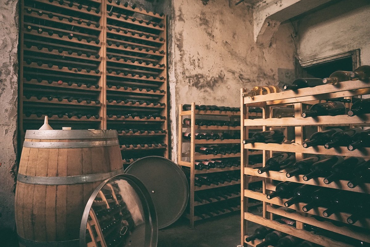 Wines aging in a wine cellar