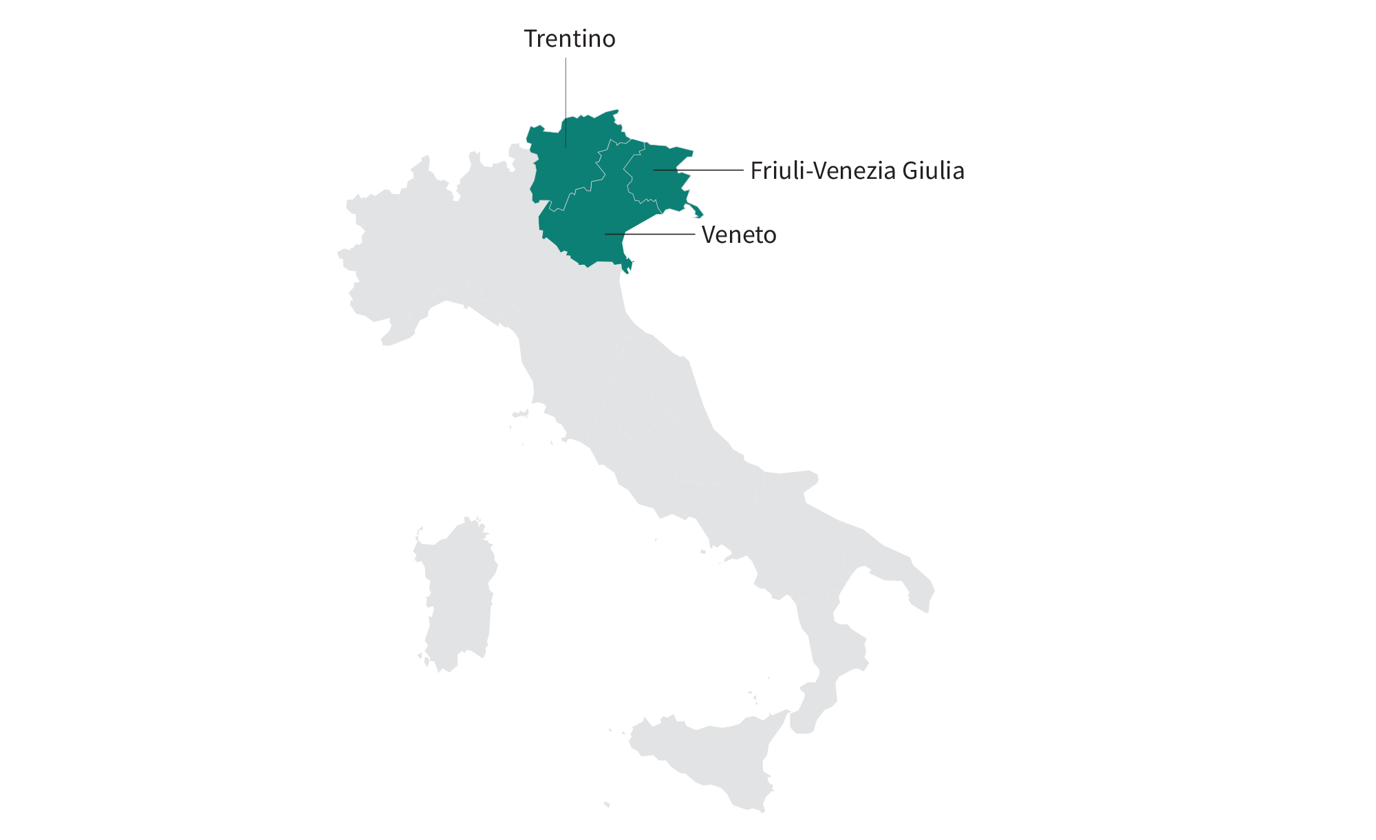 Map of pinot grigio winegrowing regions in Italy: Trentino, Fruili-Venezia Giulia, Veneto