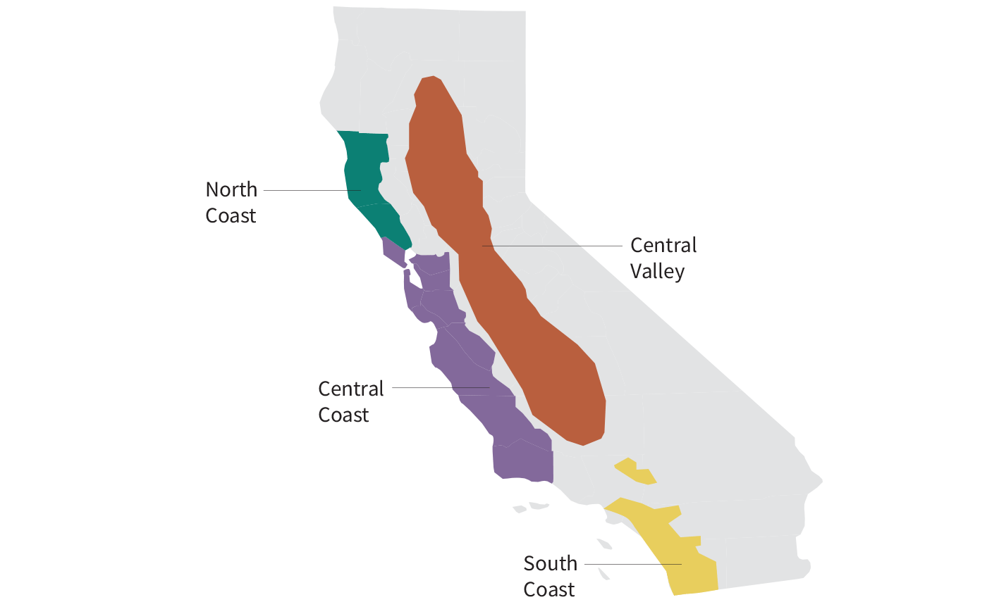Map of the state of California highlighting it's four wine regions: North Coast, South Coast, Central Coast, and  Central Valley