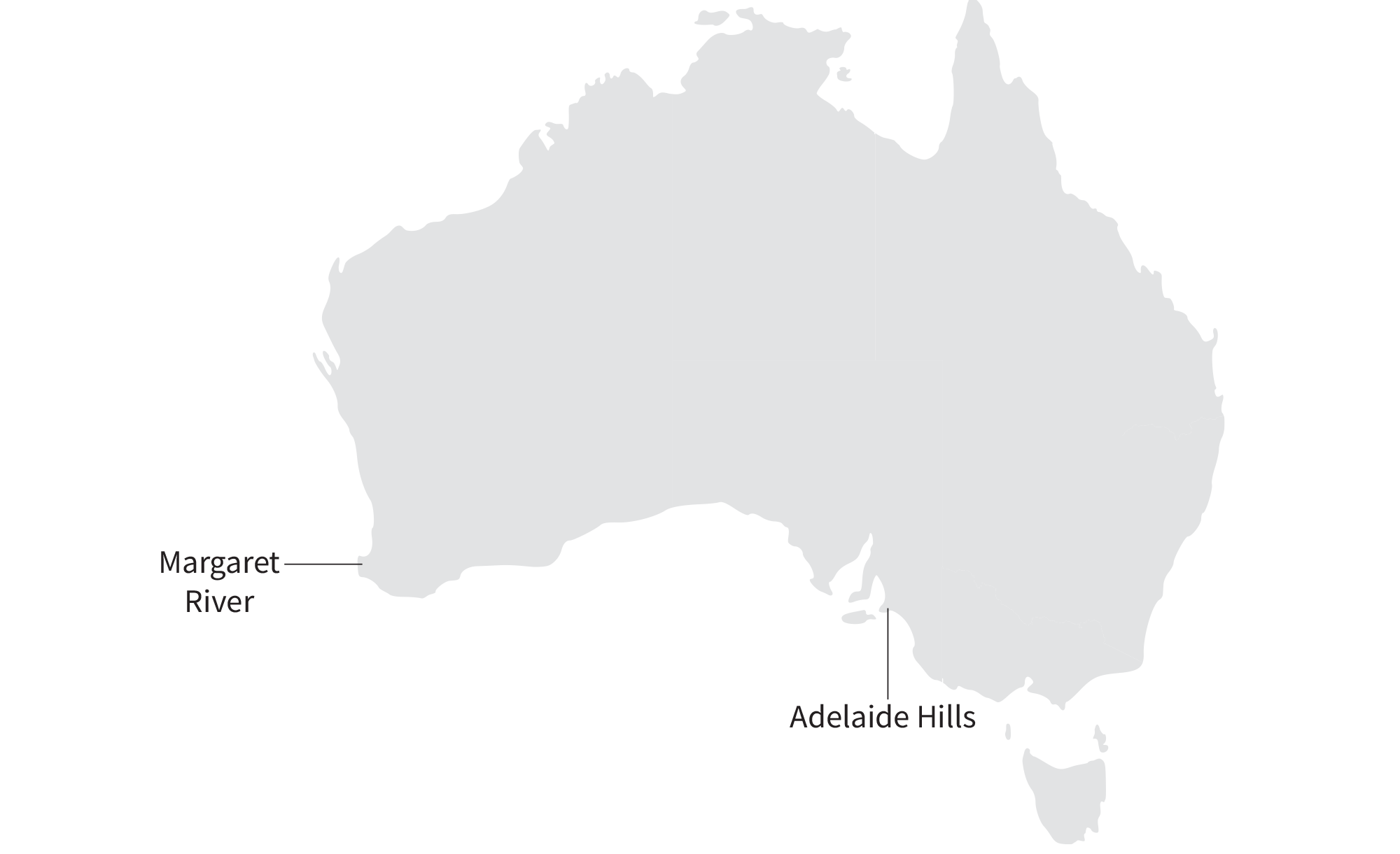map of Chardonnay regions in Australia: Margaret River and Adelaide Hills