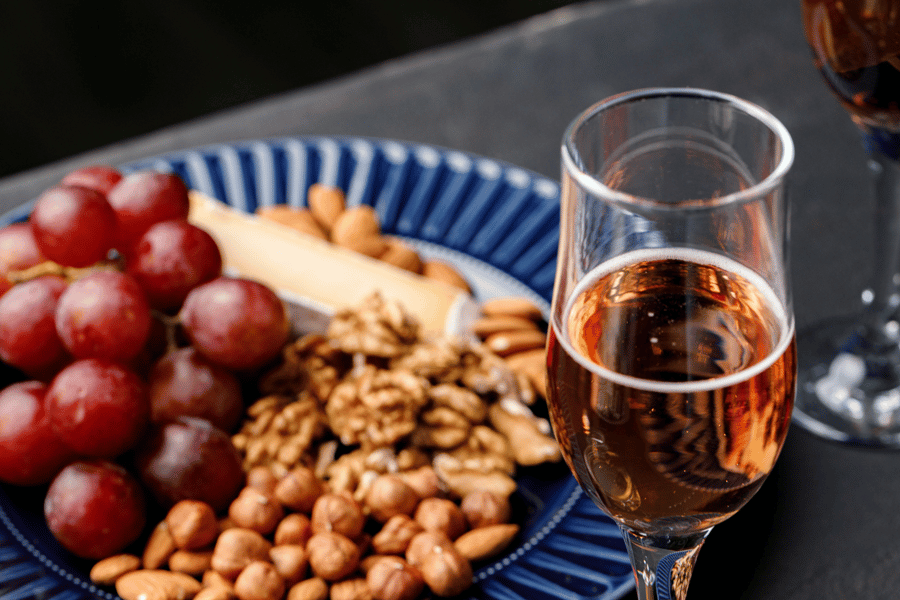 sherry wine with nuts and grapes
