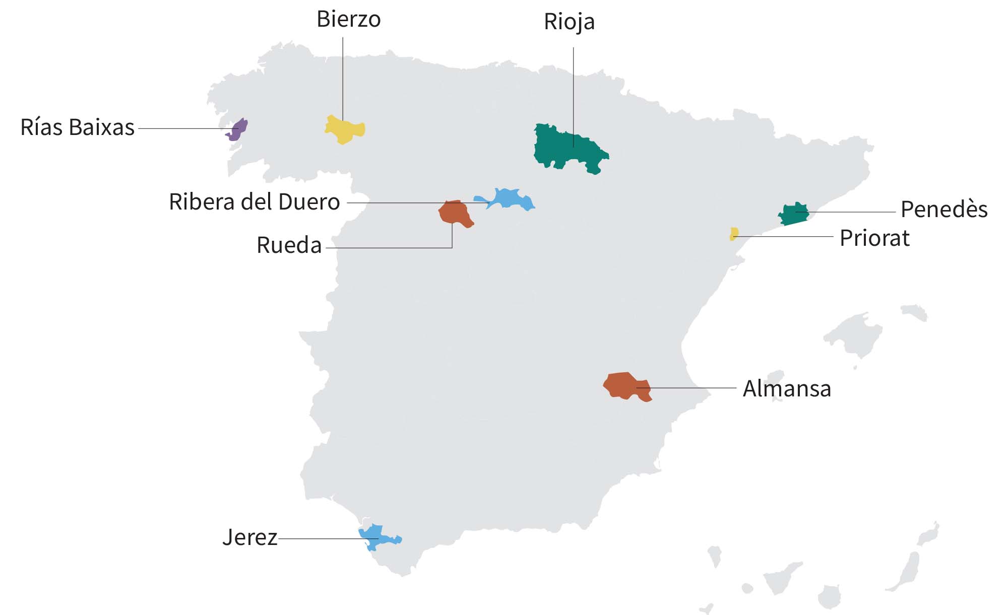 map of wine regions in Spain: Penedes, Priorat, Almansa, Rueda, Ribera del Duero, Rias Baixas, Bierzo, Rioja