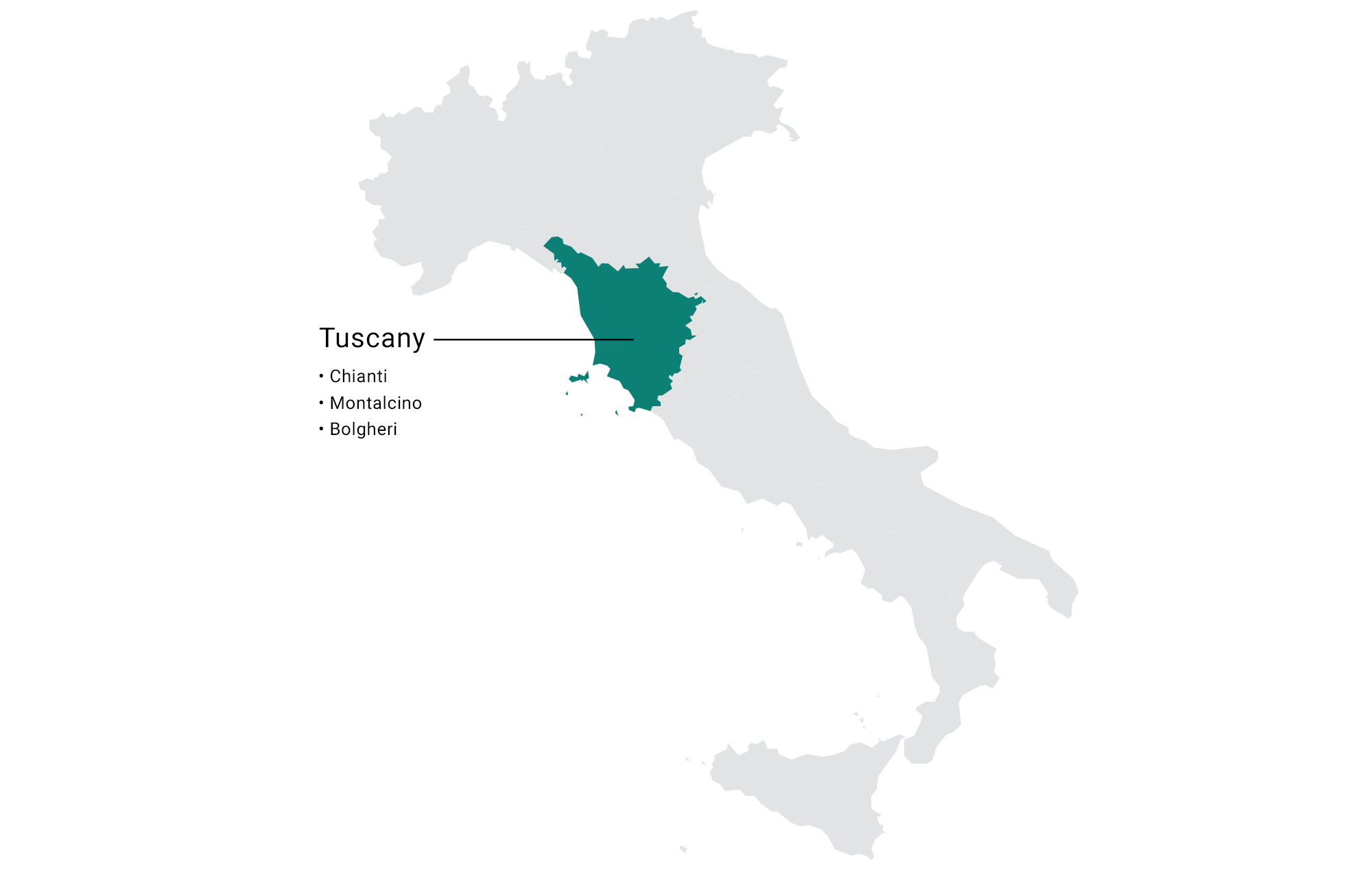 Map of Italy's Sangiovese regions in Tuscany: Chianti, Montalcino, Bolgheri