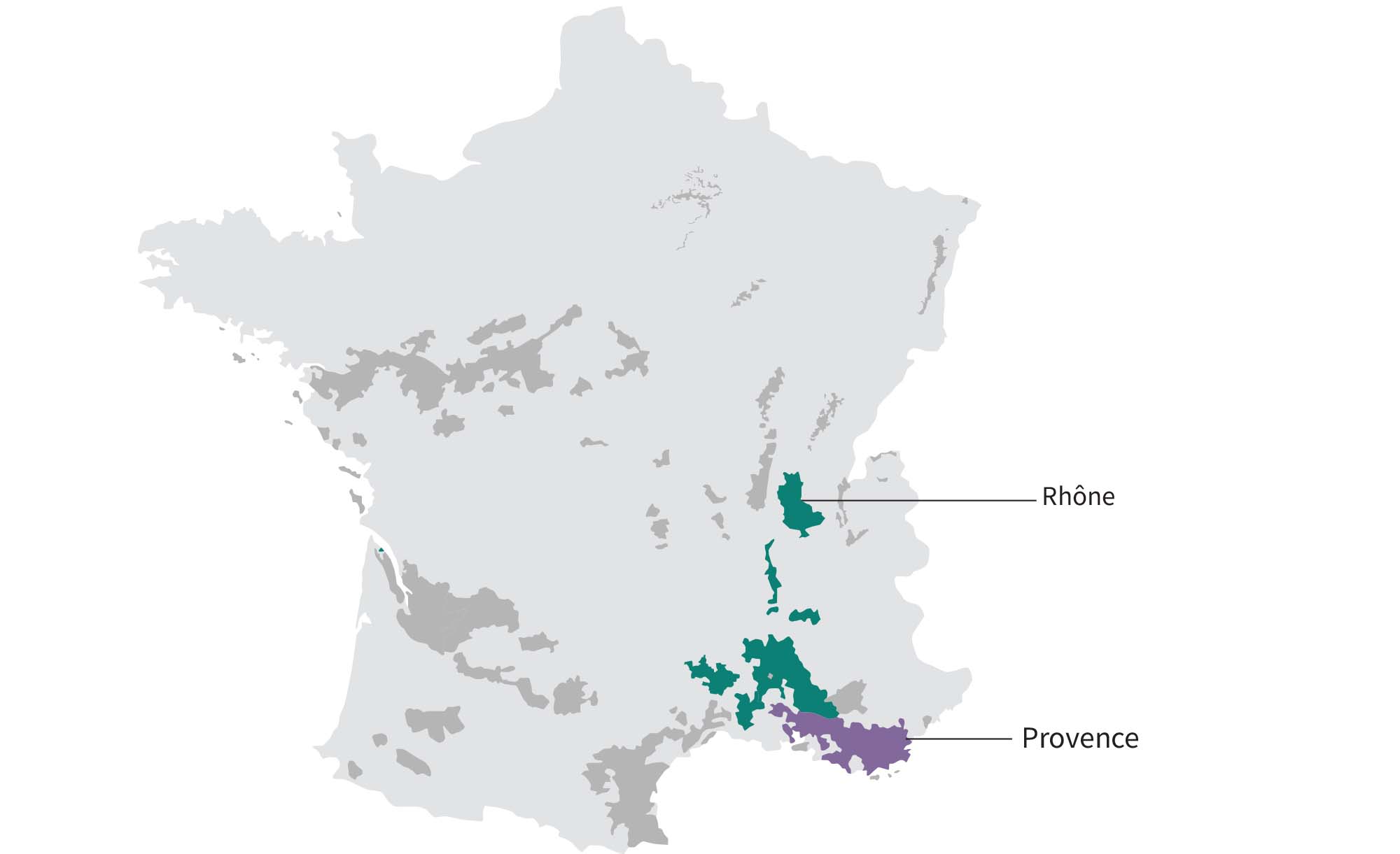 Map of French Rosé wine regions: Rhône and Provence