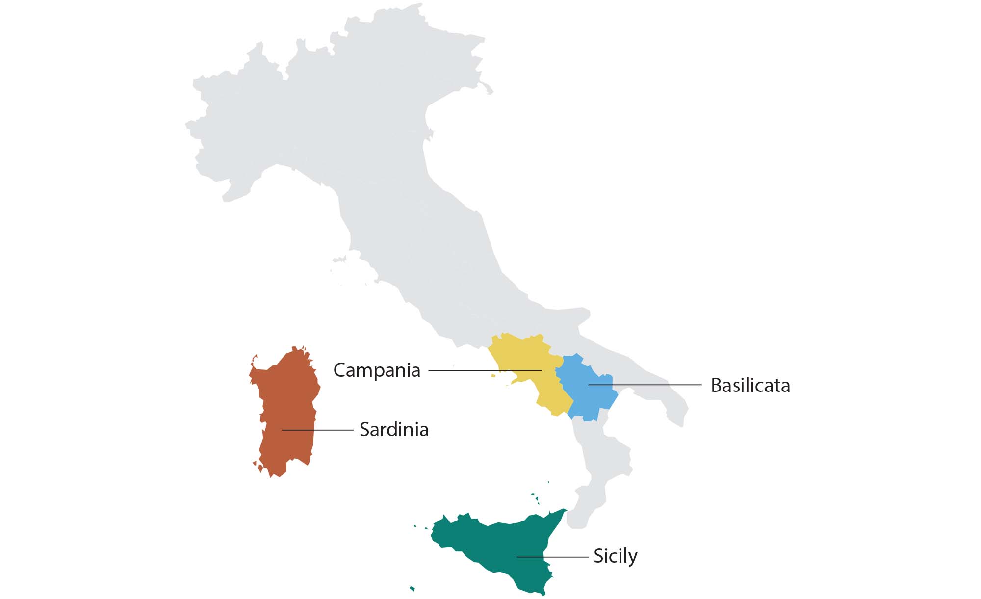 Southern Italy winemaking regions: Campania, Sardinia, Sicily, and Basilicata