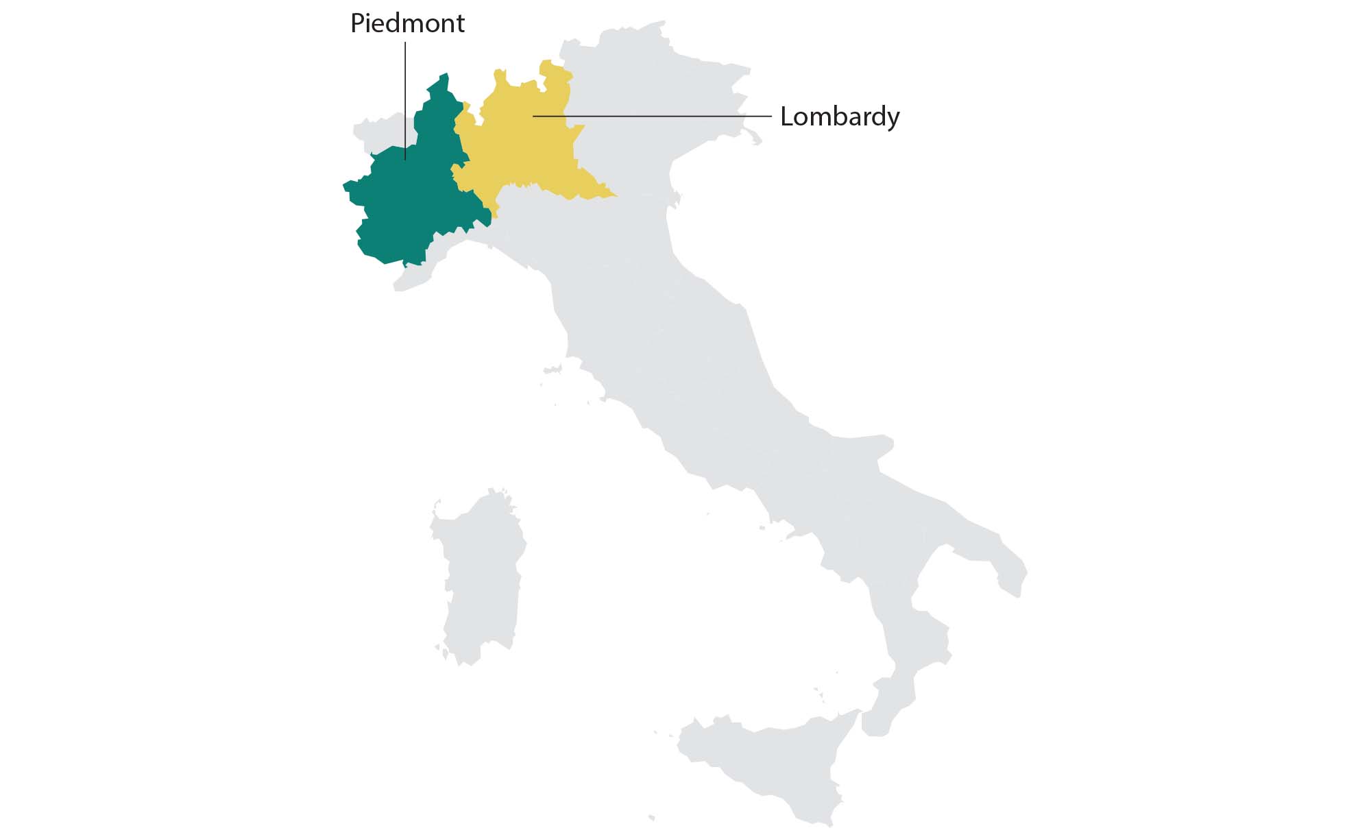 Map of the Northwest Italian wine making region: Piedmont and Lombardy.