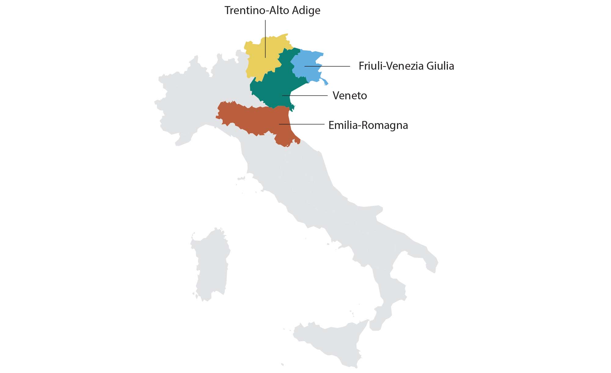 Northeast Italian winemaking regions: Trento-Alto Adige, Friuli-Venezia Giuli, Venento and Emilia-Romagna .