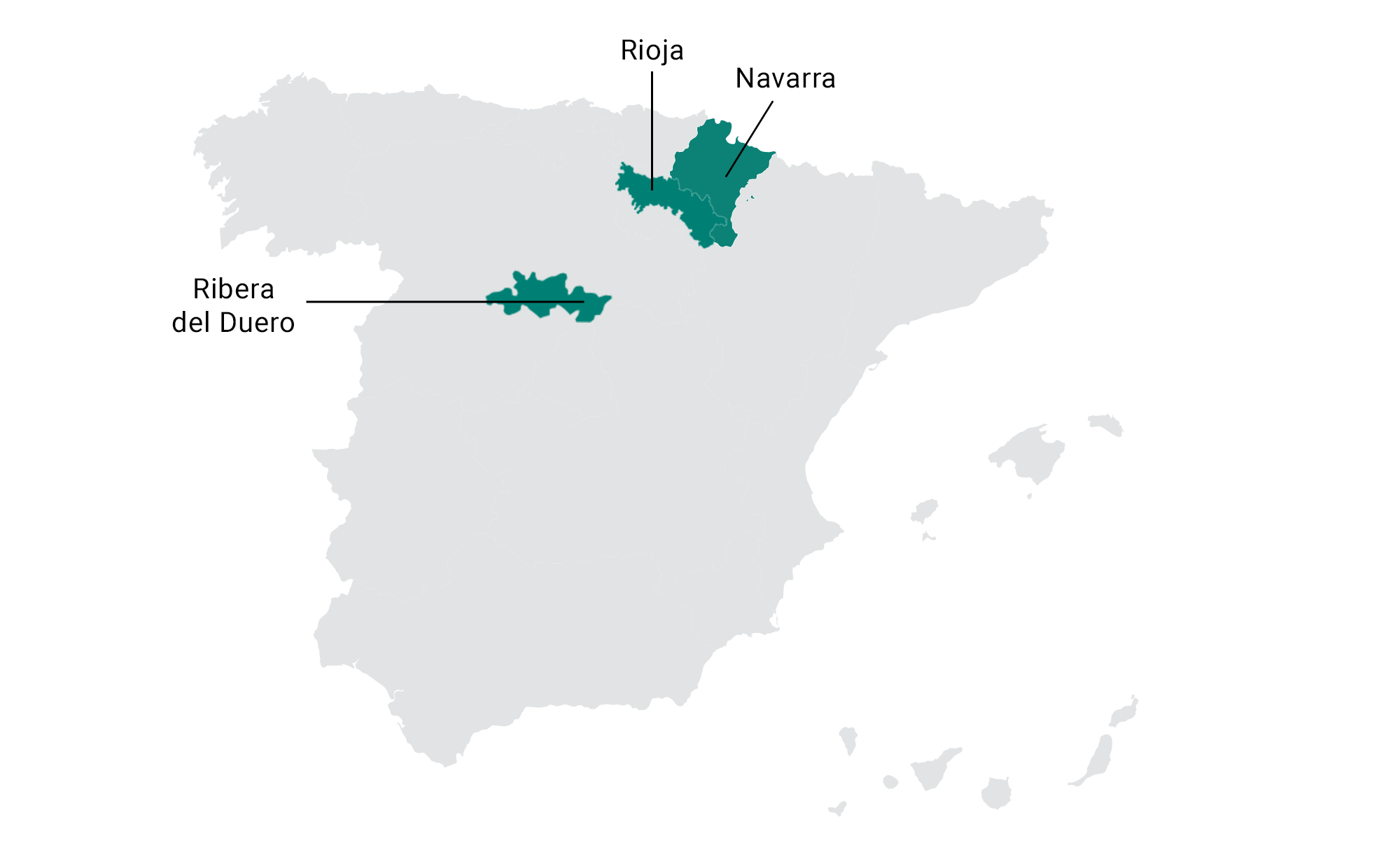 spain map of tempranillo growing regions: Rioja, Navarra, Ribera del Duero