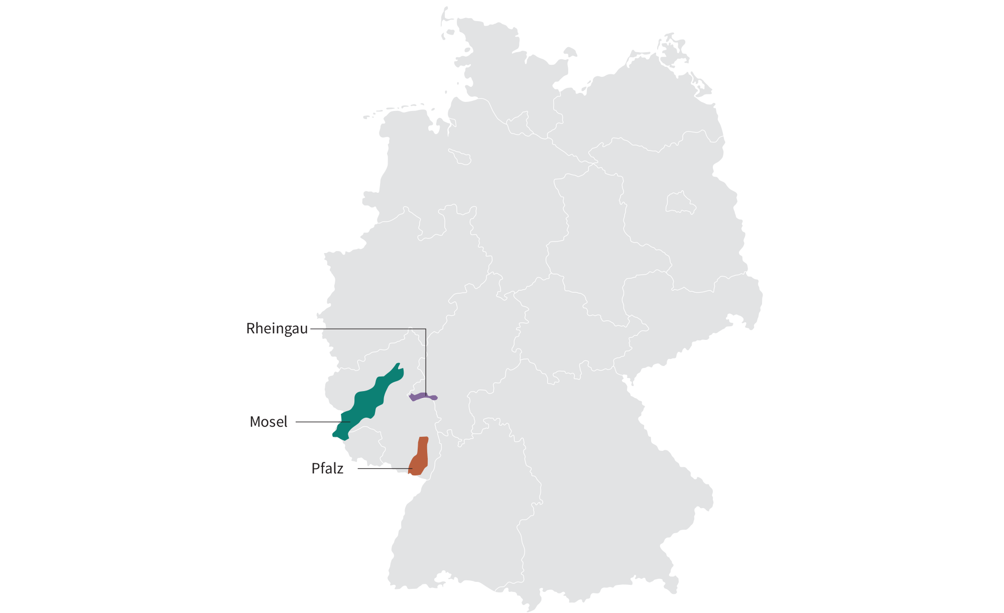 Map of riesling winegrowing regions in Germany: Rheingau, Mosel, Pfalz