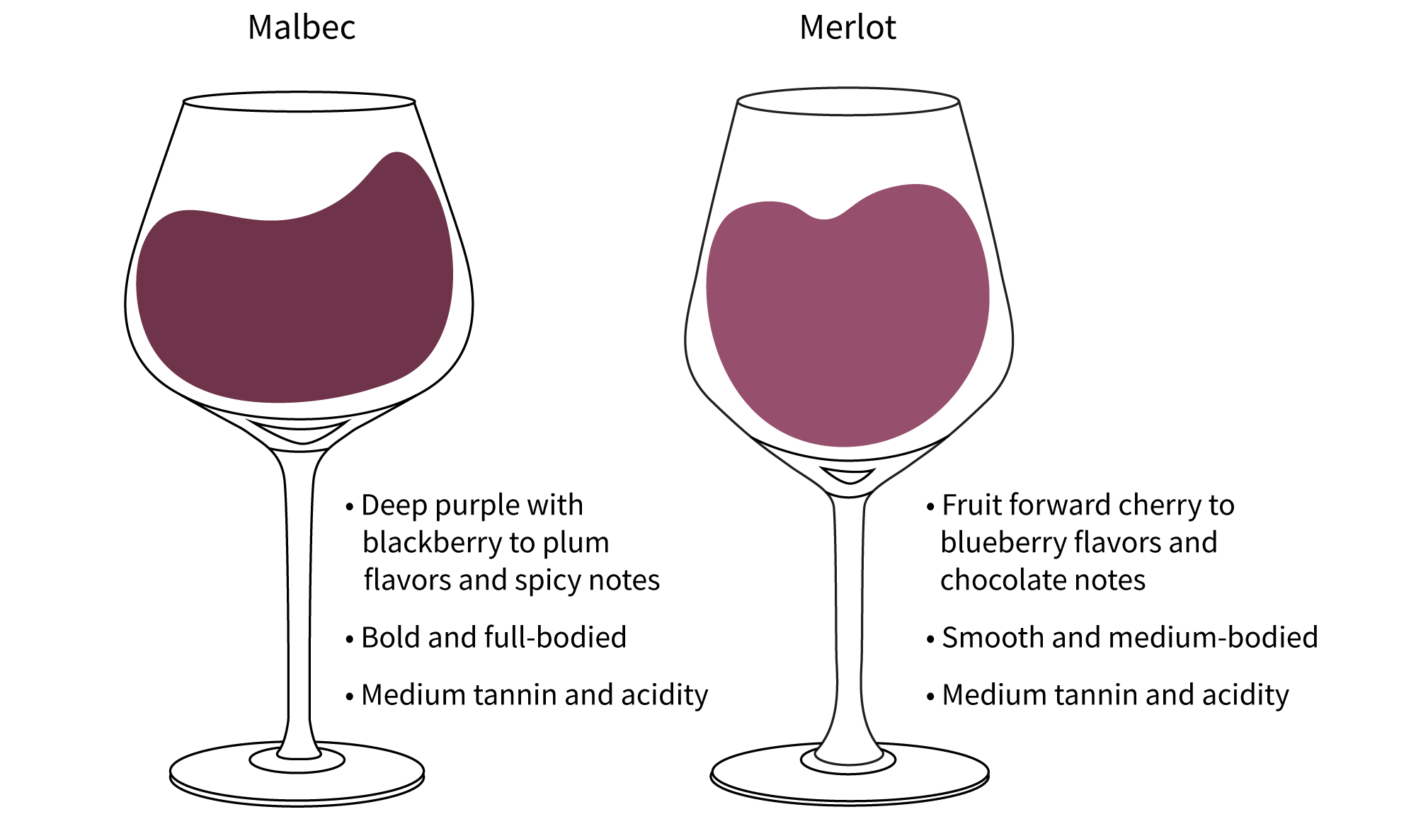 malbec: deep purple with blackberry to plum flavors and spicy notes; bold and full-bodies; medium tannins and acidity. merlot: fruit forward cherry to blueberry flavors and chocolate notes; smooth and medium-bodied; medium tannins and acidity
