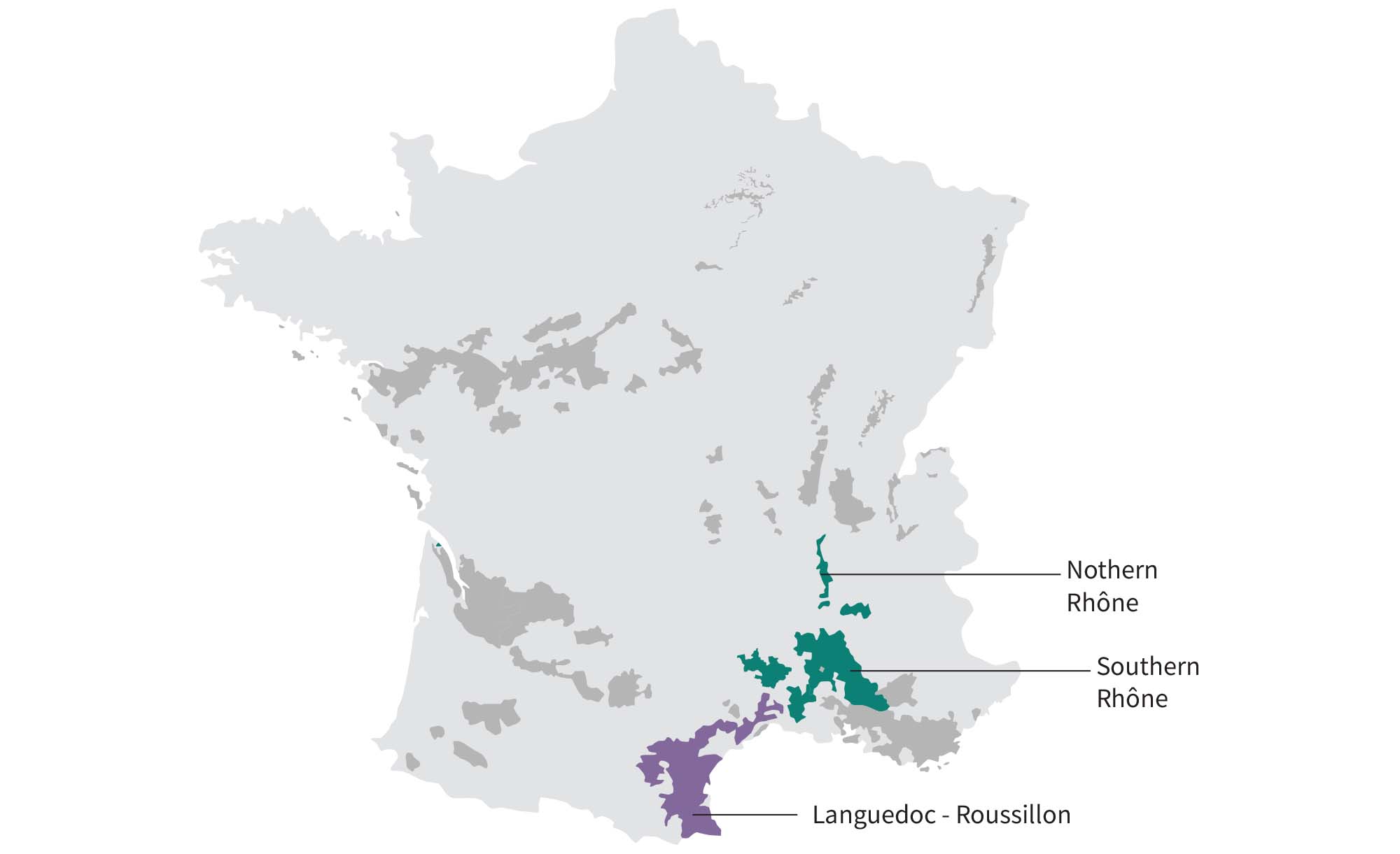 map of syrah winegrowing regions in France: Rhone Valley, Languedoc-Roussillon