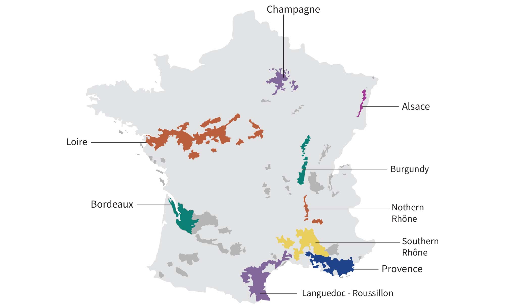map of France highlighting key wine regions: Champagne, Alsace, Burgundy, Northern Rhône, Southern Rhône, Provence, Languedoc-Roussillon, Bordeaux and Loire