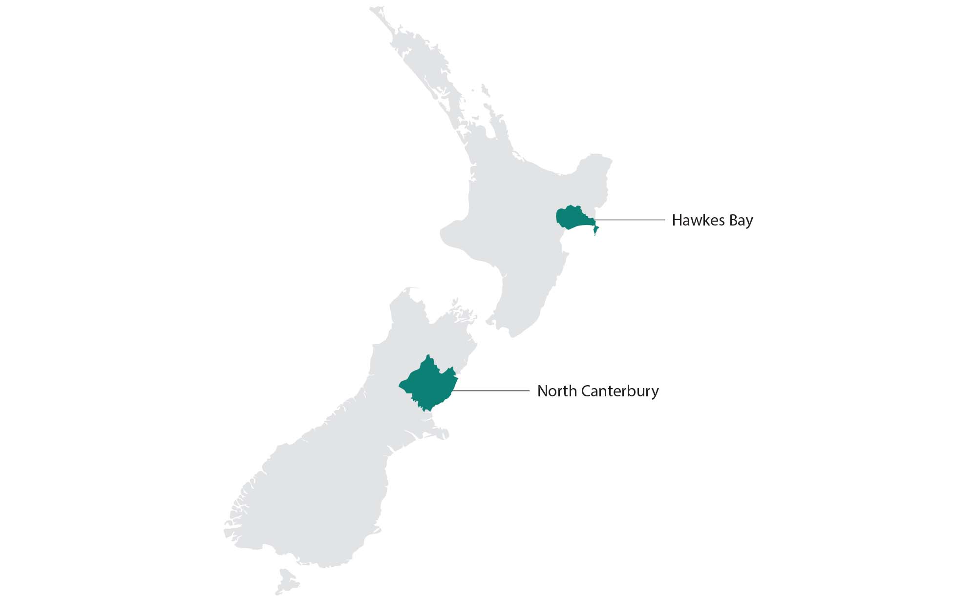 map of Chardonnay regions in New Zealand: Hawkes Bay and North Canterbury