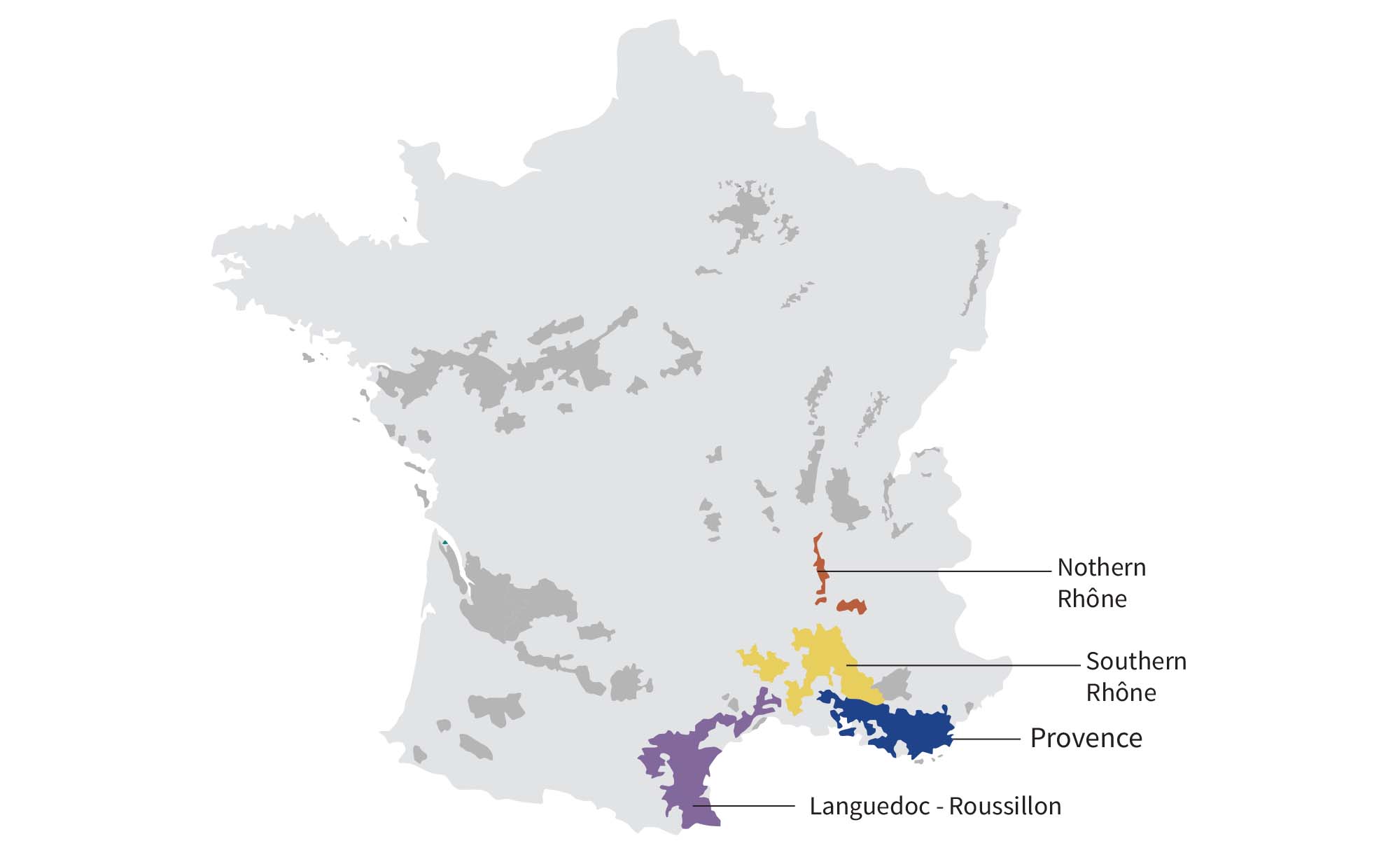 map of grenache winegrowing regions in France: Rhone Valley, Provence, Languedoc-Roussillon
