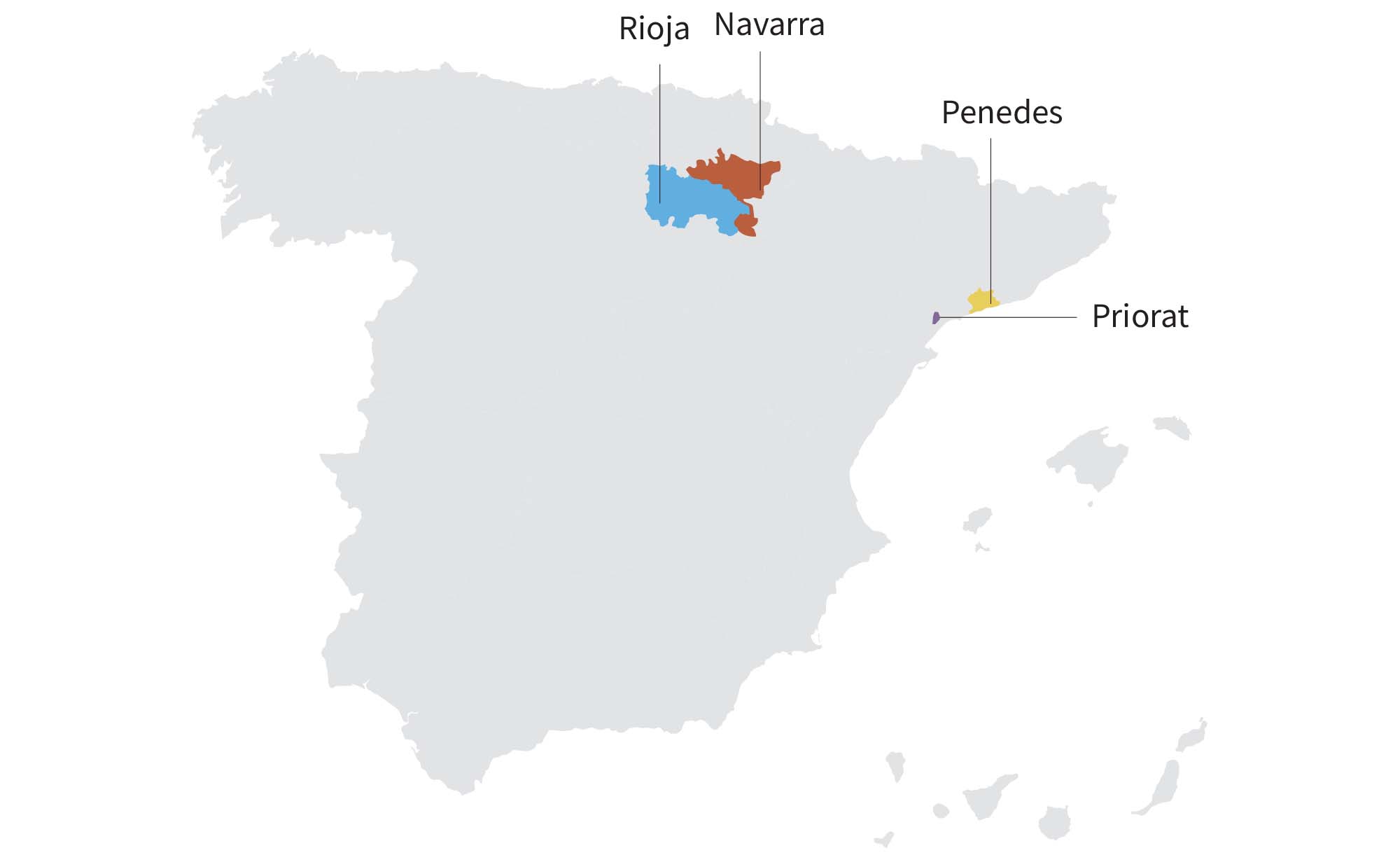 map of garnacha winegrowing regions in Spain: Rioja, Navarra, Penedes, Priorat
