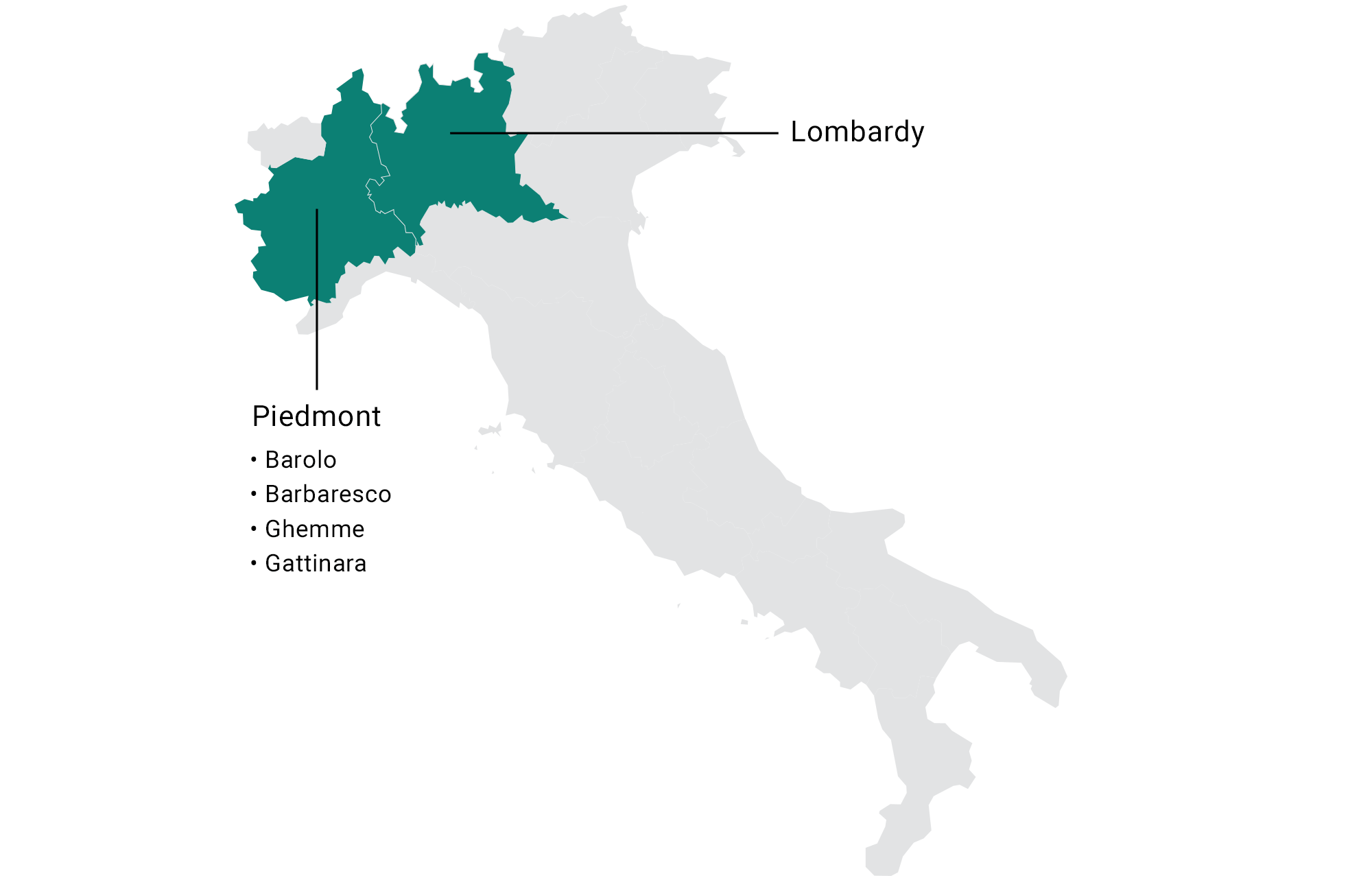 map of nebbiolo winegrowing regions in Italy: Piedmont, Lombardy