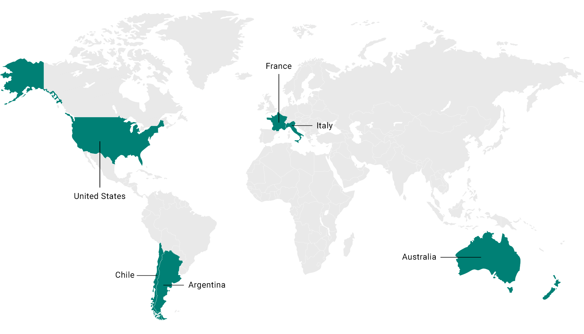 world map of merlot growing countries highlighting the United States, Chile, Argentina, France, Italy and Australia