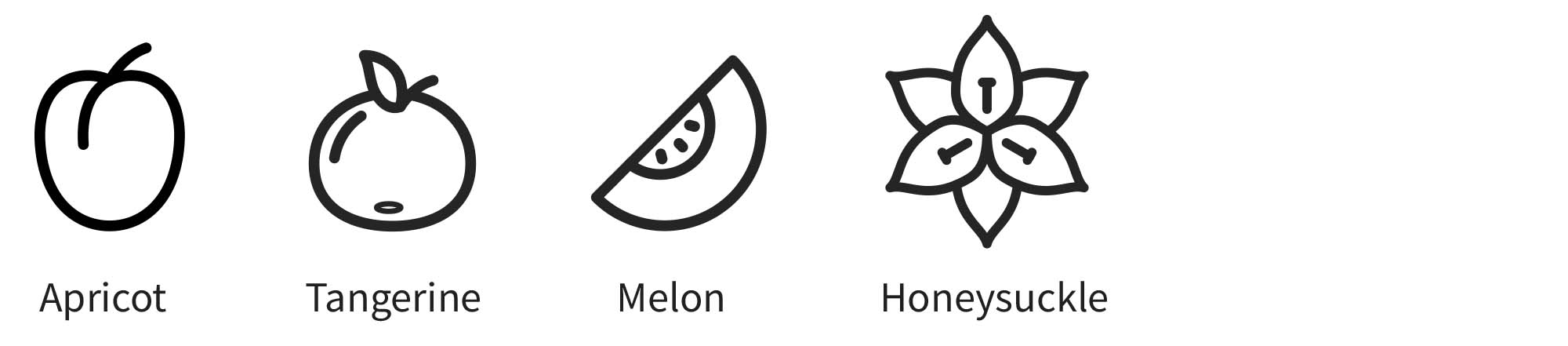 Icons representing the flavors of Viognier wine: apricot, tangerine, melon, and honeysuckle
