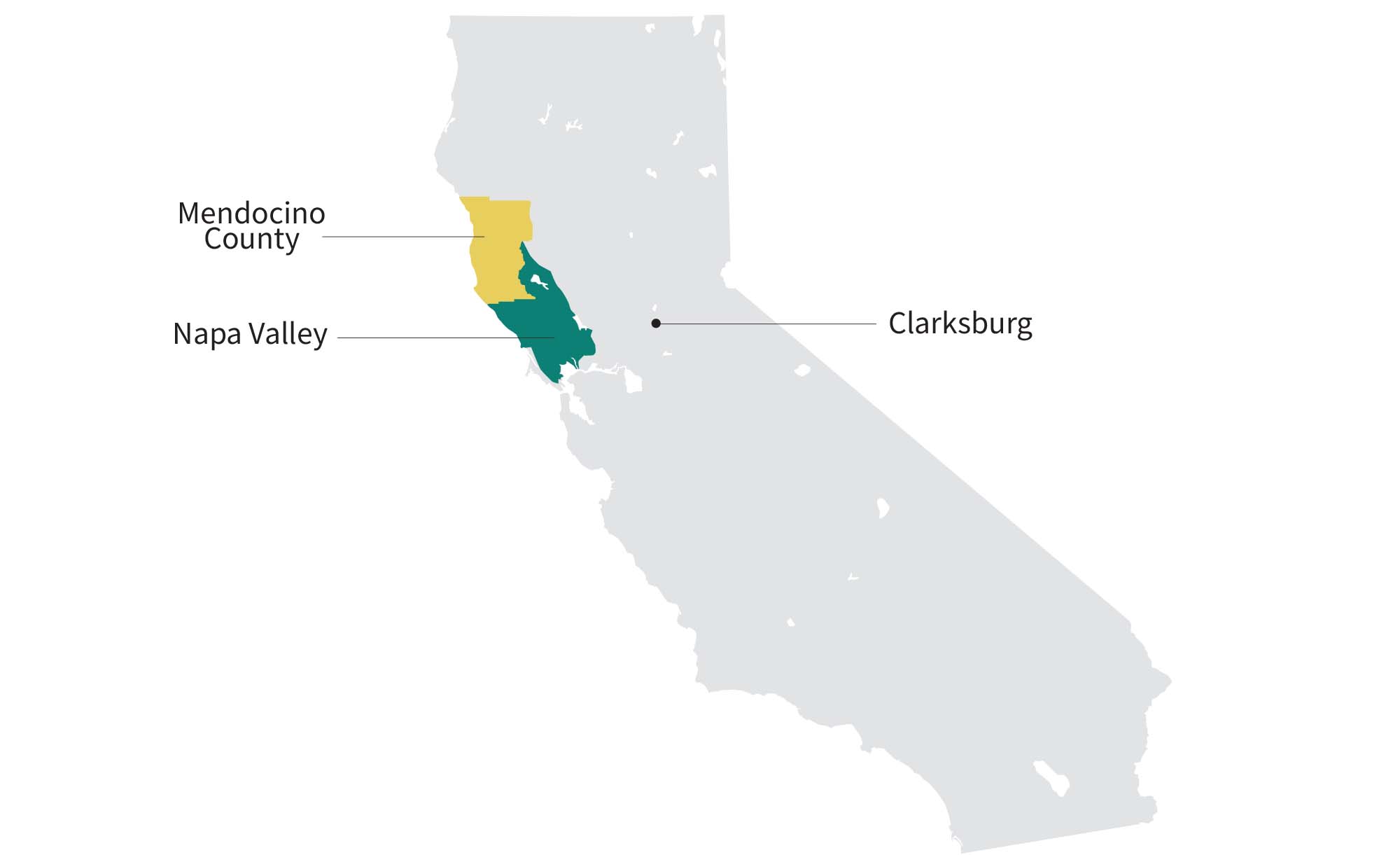 map of chenin blanc winegrowing regions in California: Mendocino County, Napa Valley, Clarksburg