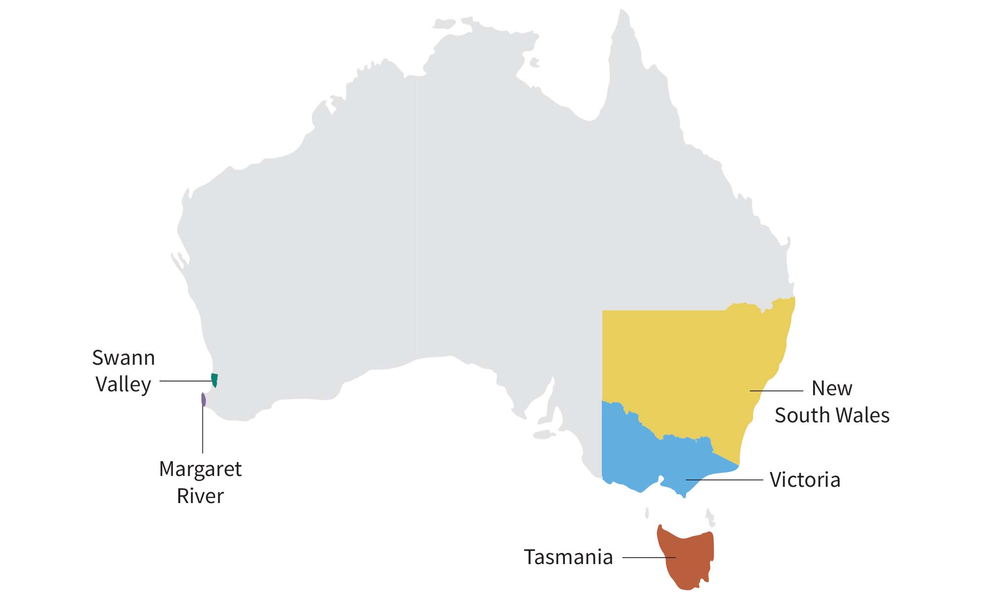 map of chenin blanc winegrowing regions in Australia: Swann Valley, Margaret River, New South Wales, Victoria, Tasmania