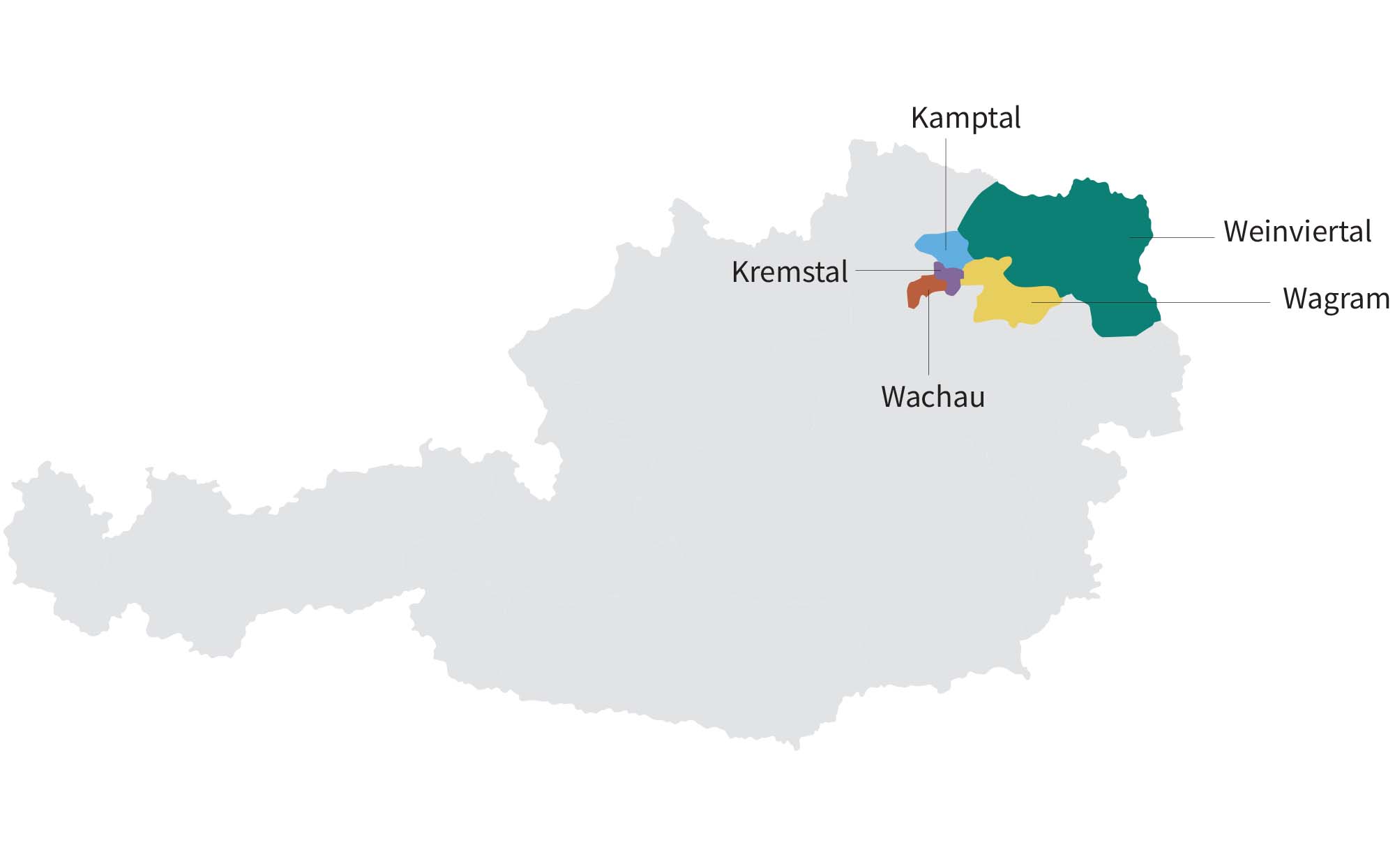 map of gruner veltiner winegrowing regions in Austria: Weinviertal, Wagram, Wachau, Kremstal, Kamptal